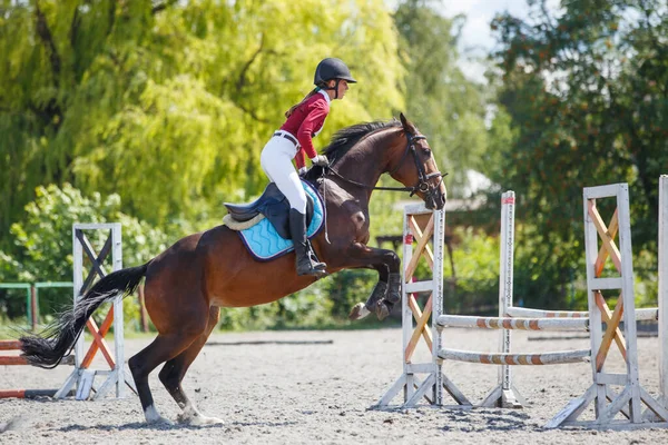 Junge Reiterin Überspringt Hürde Auf Springparcours Bei Pferdesport Veranstaltung — Stockfoto