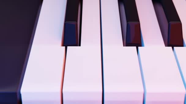 赤と青のライトのピアノキーボード クローズアップサイドの遅いパンニング 黒と白のピアノの鍵 クラシック音楽 音楽教育 歌や音楽演劇オーケストラのパフォーマンスのための背景 — ストック動画