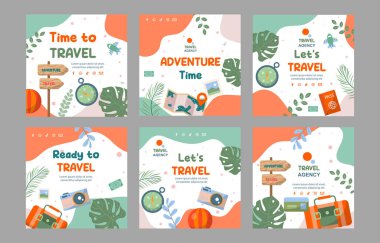 El çizimi düz seyahat acentesi sosyal medya postası koleksiyonu