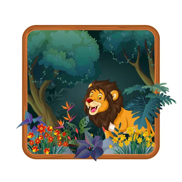 Cute Lion Cartoon Tropical Forest Background Frame — Stock Vector
