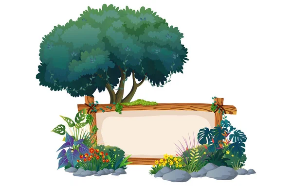 Illustration Der Holzrahmendekoration Mit Gras Und Blumen — Stockvektor