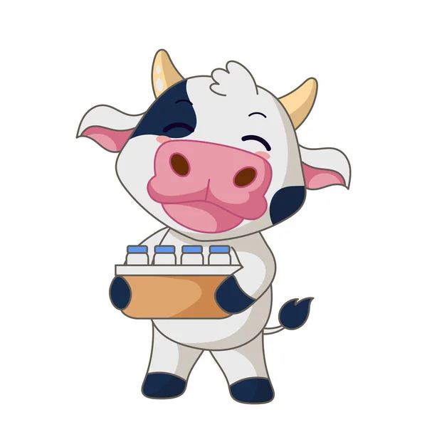 Carino Cartone Animato Mucca Con Bottiglia Latte — Vettoriale Stock