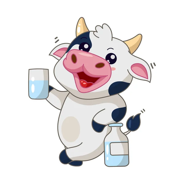 Niedliche Kuh Karikatur Stehend Mit Milchflasche — Stockvektor