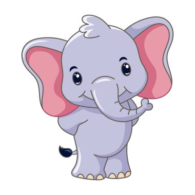 Beyaz arka planda gülümseyen şirin bir fil çizgi filmi.