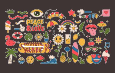 Collection of Cartoon Summer groovy stickers 70s with hippie style clipart