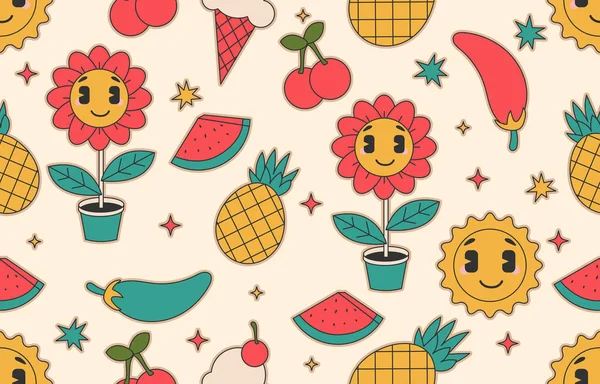 Fruits Flowers Seamless Pattern Kids Hippie Style — Stock Vector