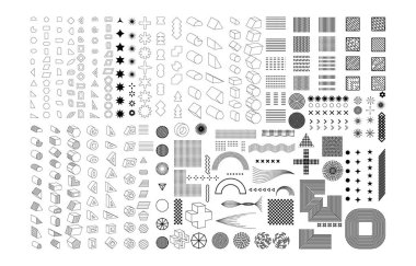 Bir dizi geometrik şekil. Memphis tasarımı, web, vintage, reklam, ticari afiş, poster, reklam panosu, satış için retro elementler. Koleksiyon trend yarım ton vektör geometrik şekilleri.
