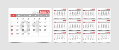 Minimalist tarzda 2024 yılı için aylık takvim şablonu