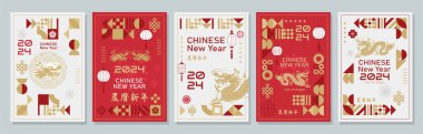 modern sanat Çin Yeni Yılı 2024 tasarımı kapak, kart, poster, afiş için kırmızı, altın ve beyaz renklerle dizayn edildi