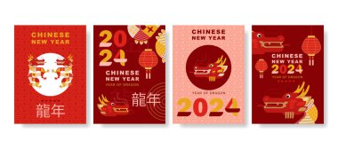 modern sanat Çin Yeni Yılı 2024 tasarımı kapak, kart, poster, afiş için kırmızı, altın ve beyaz renklerle dizayn edildi