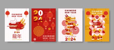 modern sanat Çin Yeni Yılı 2024 tasarımı kapak, kart, poster, afiş için kırmızı, altın ve beyaz renklerle dizayn edildi