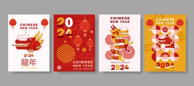 modern art Chinese New Year 2024 design set in red, gold and white colors for cover, card, poster, banner clipart