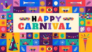 Happy Carnival  colorful geometric background with splashes  speech bubbles  masks and confetti for cover, poster, social media template  clipart