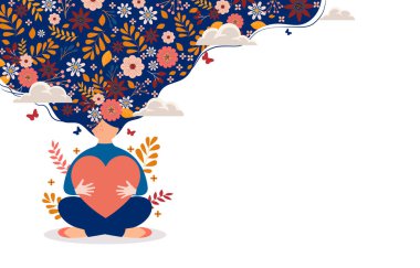 Büyük kırmızı bir kalple oturan kadınlar ve aşkın farkındalığı, çiçeklerle süslenmiş.