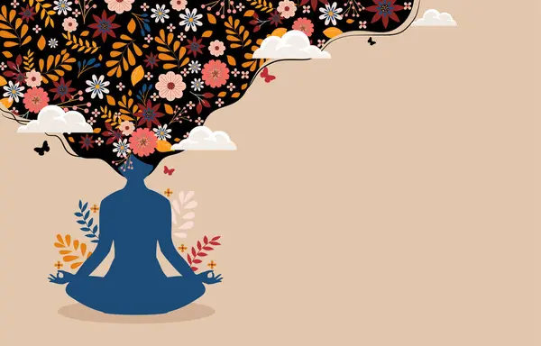 Mindfulness Con Silhouette Donne Sedute Con Gambe Incrociate Meditando Decorazione Illustrazioni Stock Royalty Free