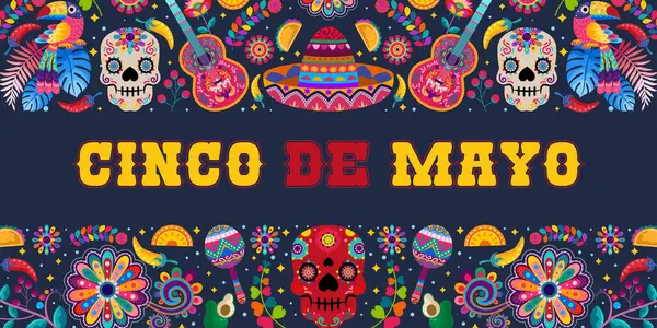 Cinco Mayo Banner Színes Mexikói Virágokkal Fiesta Ünnepi Plakát Party Jogdíjmentes Stock Illusztrációk