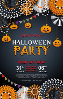 Kağıttan korkunç dekorasyonu olan Cadılar Bayramı dikey posteri, düzenlenebilir tasarım