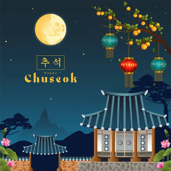 stock vector korean chuseok with korean building and landscape background 