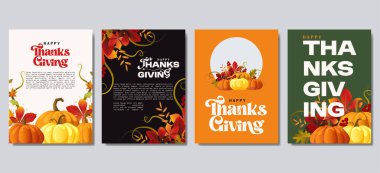 Mutlu Şükran Günleri ve hasat posterleri koleksiyonun kutlu olsun. Balkabakları, yapraklar ve metin için fotokopi alanı.