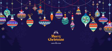  beautiful glass balls and decorations for Merry Christmas and Happy New Year Greeting cards with trendy concept clipart