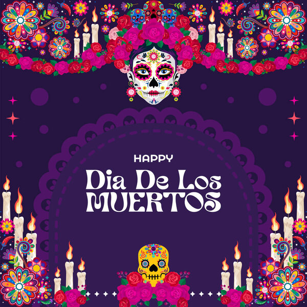 happy dia de los muertos with marigold flowers wreath