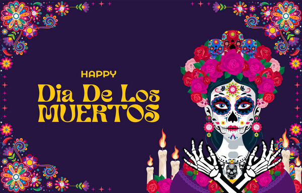 happy dia de los muertos with marigold flowers wreath background