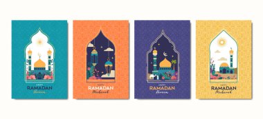 Modern tarz İslami pencereler ve kemerler modern boho tasarımı, cami kubbesi ve fenerler. vektör illüstrasyonu