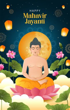 Mahavir Jayanti 'nin Mahaveer' in doğumuyla birlikte geçmiş kutlamaları kutlu olsun. vektör illüstrasyonu