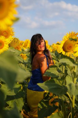 Beautiful Ukrainian girl, standing in a field of sunflowers, wrapped in a national flag
