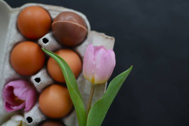 Güzel dekore edilmiş Paskalya yumurtaları, bir kutu çiçek ve çikolatalı yumurtanın içinde. Siyah arkaplan