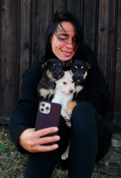 스웨터를 아름다운 소녀가 거리의 강아지들을 소녀는 개들을 돌보고 그들을 먹이고 — 스톡 사진