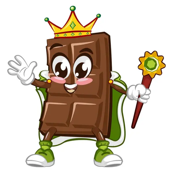 Lindo Personaje Barra Chocolate Con Cara Divertida Ser Rey Ilustración — Vector de stock