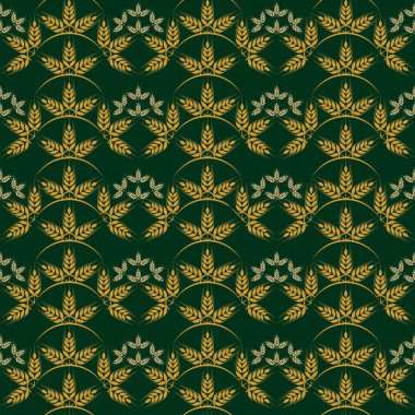 Koyu yeşil arka planda yarım daire şeklinde dizilmiş buğday saplarının vektör desenleri