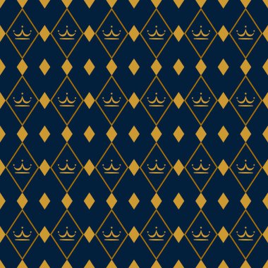 Elmas ve taç şekilli, altın rengi ve koyu mavi arkaplan ile kusursuz vektör deseni, renk değiştirmek için kolay düzenleme