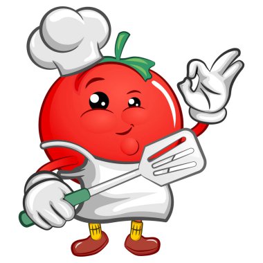 Güzel domateslerin maskotluk karakteri yemek pişirmeye hazır bir aşçı.