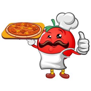 Soyutlanmış illüstrasyon maskot pizza domates şefi çizgi filmi