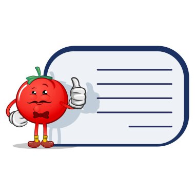 Bir domatesin, boş bir işaretle izole edilmiş maskot karakteri.