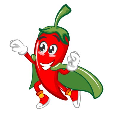 Şirin kırmızı biberli süper kahramanın vektör maskotu çizimi