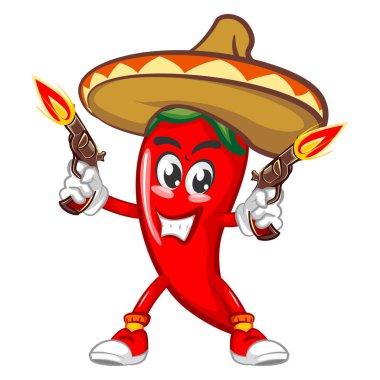 Vektör maskot karakteri Meksika biberinin silah ateşlediğini gösteriyor.