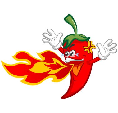 Vektör maskot karakteri çizimi süper baharatlı biber tükürürken iki elini havaya kaldırıyor.