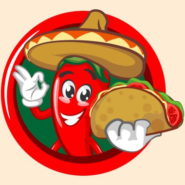Vektör maskot karakteri Chili logosu. Lezzetli tacoları var.