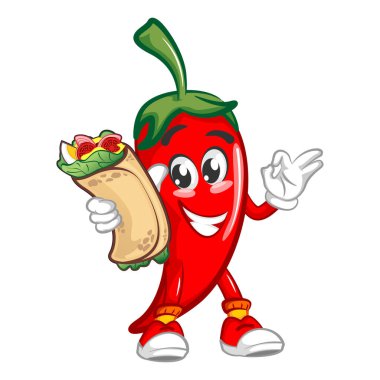 Kırmızı biber illüstrasyon maskotu karakter vektörü leziz dürümler sunuyor.