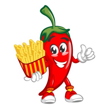 Kırmızı biber illüstrasyon maskotu karakter vektörü gelişigüzel patates kızartması sunuyor