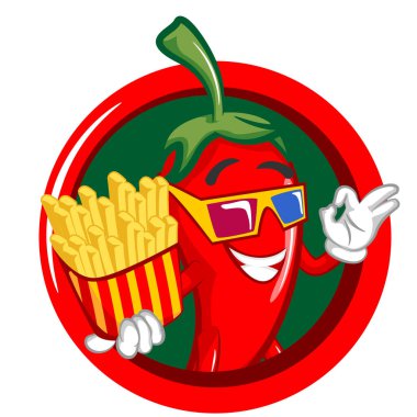 3 boyutlu gözlük takıp acı patates kızartması sunan sevimli kırmızı biber ikonunun maskot karakter çizimi