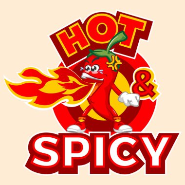 Vektör maskot karakteri çizimi süper baharatlı biber logosu sıcak ateş püskürten sıcak ve baharatlı yazı