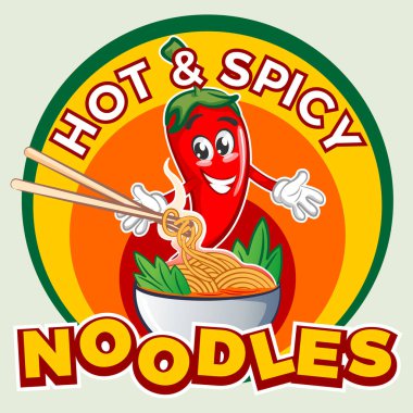 Vektör maskot karakteri çizimi kırmızı biber logosu bir kase baharatlı şehriye ve sıcak ve baharatlı şehriye.