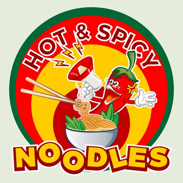 Vektör maskot karakter çizimi Chili logosu hoparlörle bağırıyor sıcak ve baharatlı şehriyeli bir kase baharatlı erişte ikram ediyor.