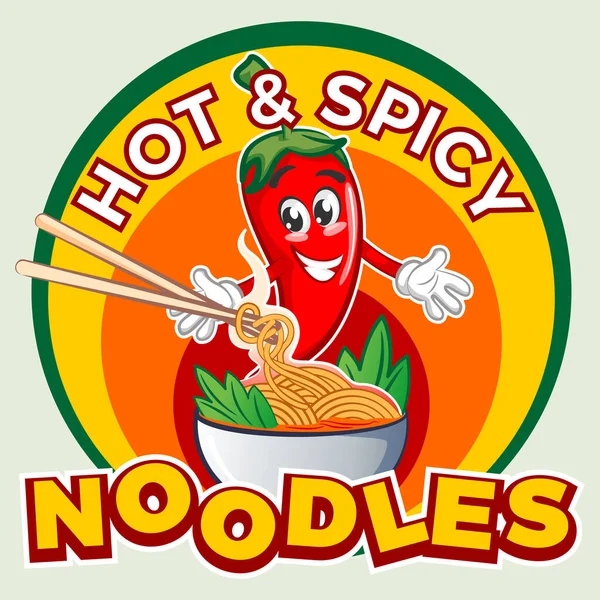 Vektör maskot karakteri çizimi kırmızı biber logosu bir kase baharatlı şehriye ve sıcak ve baharatlı şehriye.