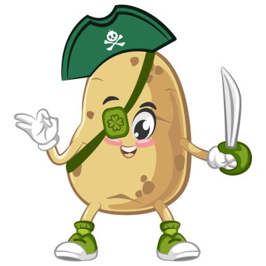 Şirin patates maskotunun vektör çizimi kılıç taşıyan tek gözlü bir korsan olması.
