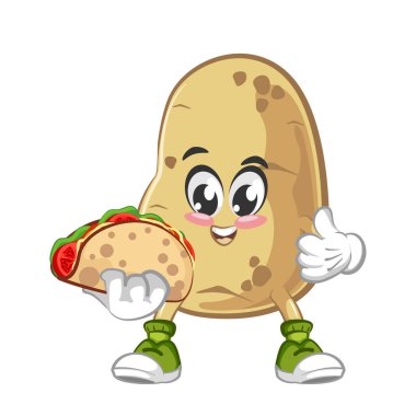 Tatlı patates maskotunun lezzetli tacolar yiyen vektör çizimi